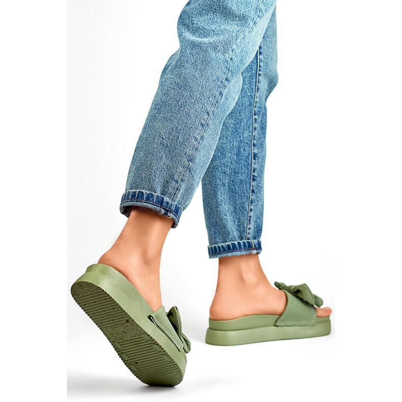 Chaussons femme vert clair avec noeud sur semelle épaisse 1