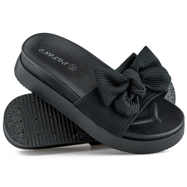 Chaussons femme noirs avec noeud sur semelle épaisse 1