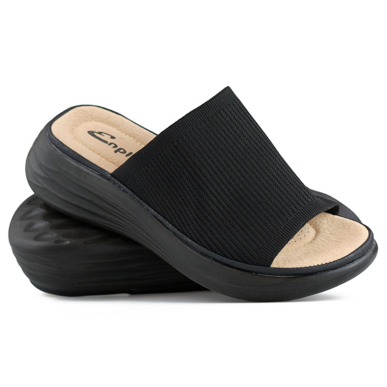 Tongs noires souples pour femmes sur une plateforme, tongs avec tige en chaussette 1