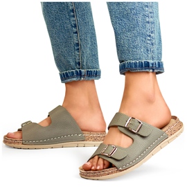 Tongs confortables pour femmes grises avec deux boucles et une semelle intérieure en cuir 4