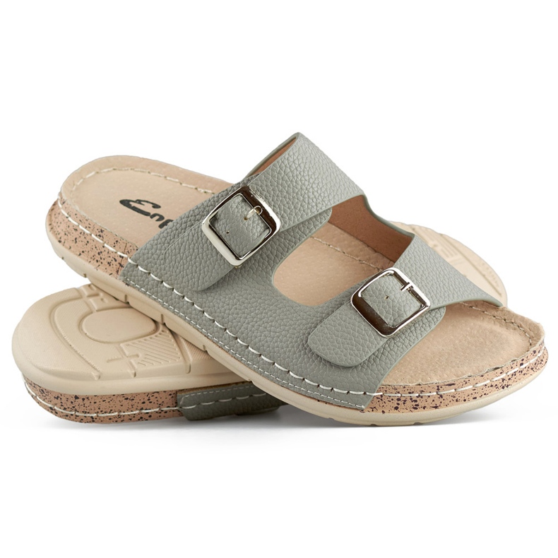 Tongs confortables pour femmes grises avec deux boucles et une semelle intérieure en cuir 1