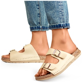 Tongs femme beiges confortables avec deux boucles et une semelle intérieure en cuir 4