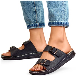 Tongs confortables noires pour femmes avec deux boucles et semelle intérieure en cuir le noir 4