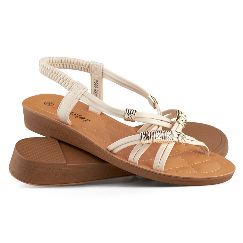 Sandales femme beiges à décoration dorée 1