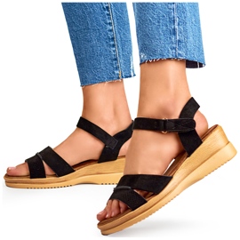 Sandales compensées en daim noir, sandales confortables pour femmes le noir 4