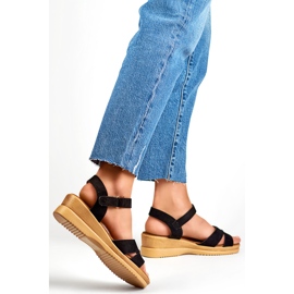 Sandales compensées en daim noir, sandales confortables pour femmes le noir 2