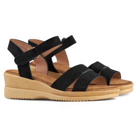 Sandales compensées en daim noir, sandales confortables pour femmes le noir 1