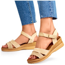 Sandales compensées en daim beige, sandales confortables pour femmes 4