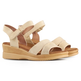 Sandales compensées en daim beige, sandales confortables pour femmes 1