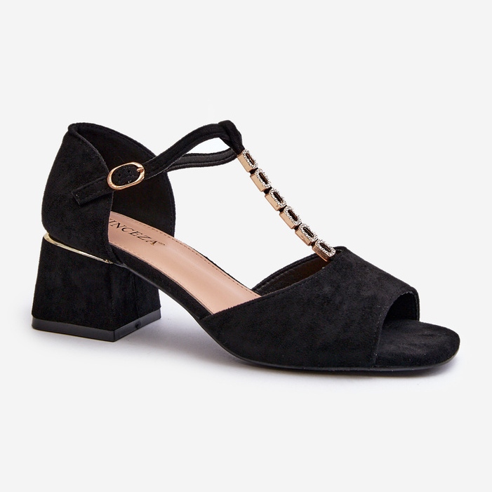 Vinceza Sandales pour femmes à talon bloc et bride décorative, suède écologique, noir Obivena 1