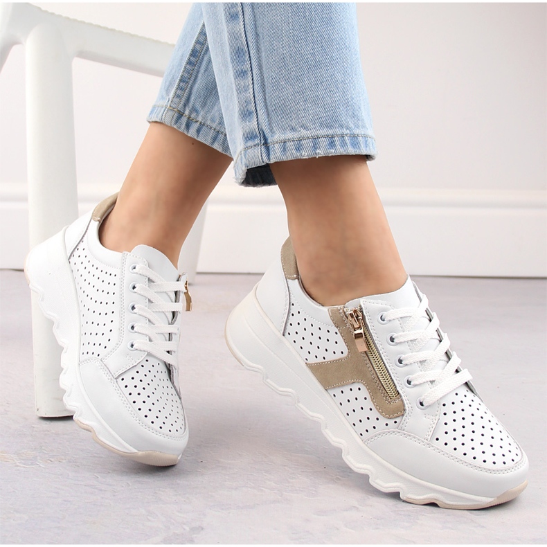 Chaussures de sport compensées ajourées en cuir pour femmes, blanches, T.Sokolski 245 1