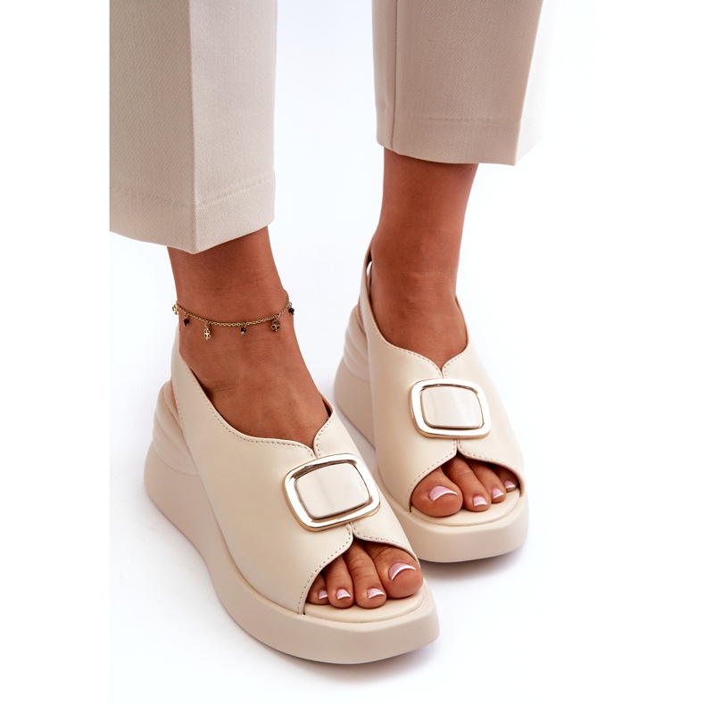 Sandales compensées en cuir pour femme avec décoration, beige Salvania 2