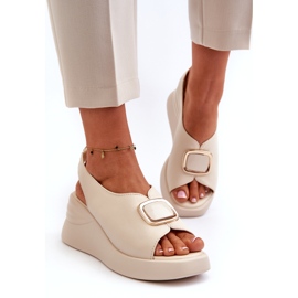 Sandales compensées en cuir pour femme avec décoration, beige Salvania 1