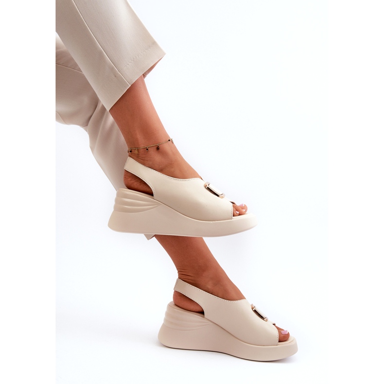 Sandales compensées en cuir pour femme avec décoration, beige Salvania 4