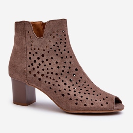 Jezzi Bottes En Daim Eco Ajouré Pour Femme Sur Talon Haut Avec Bouts Ouverts Marron Halania brun 1