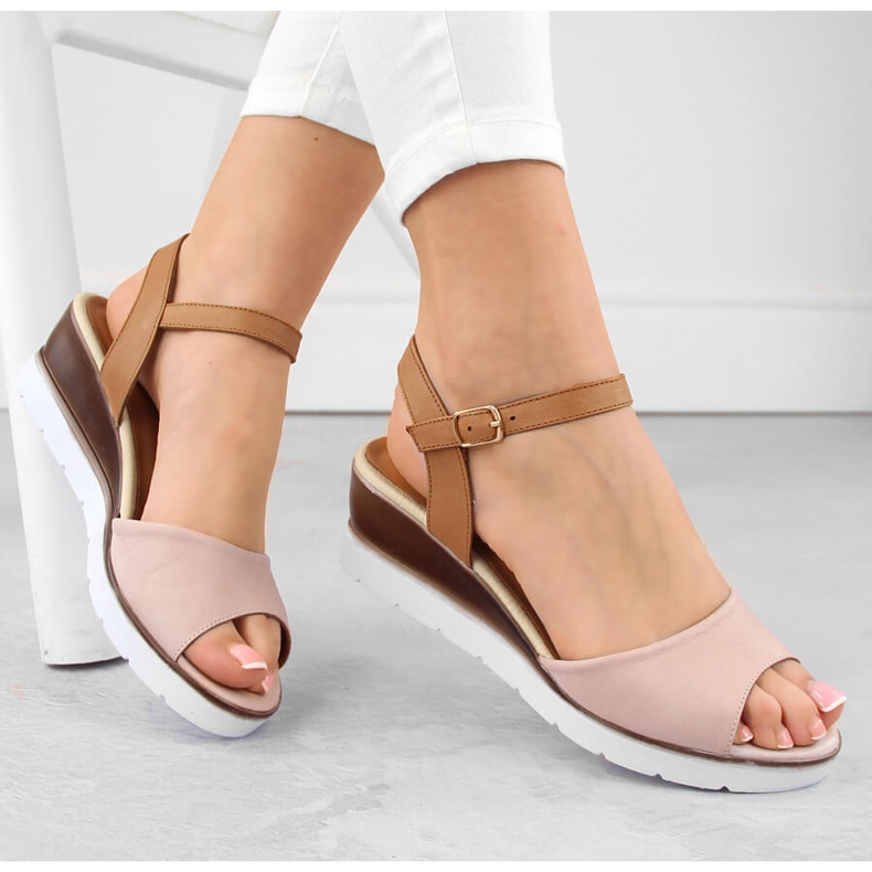 Sandales compensées en cuir pour femme, rose Potocki 77300 1