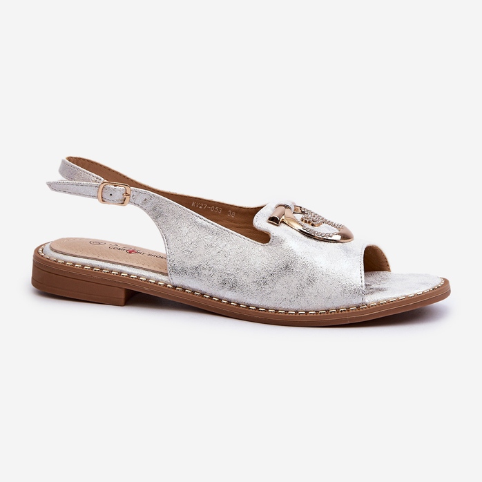 Sandales élégantes pour femmes avec décoration dorée sur talons plats, argent S.Barski KV27-053 1 Sandales élégantes pour femmes avec décoration dorée sur talons plats, argent S.Barski KV27-053 1