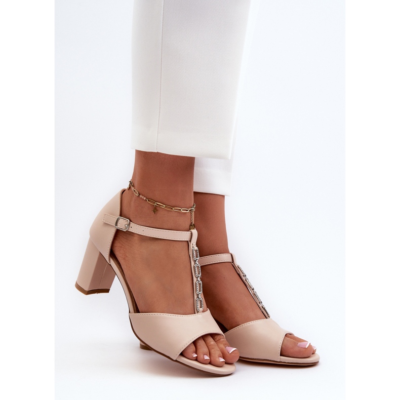 Sandales Pour Femmes À Talon Haut Avec Bride Décorative, Cuir Écologique Beige Triavera 2