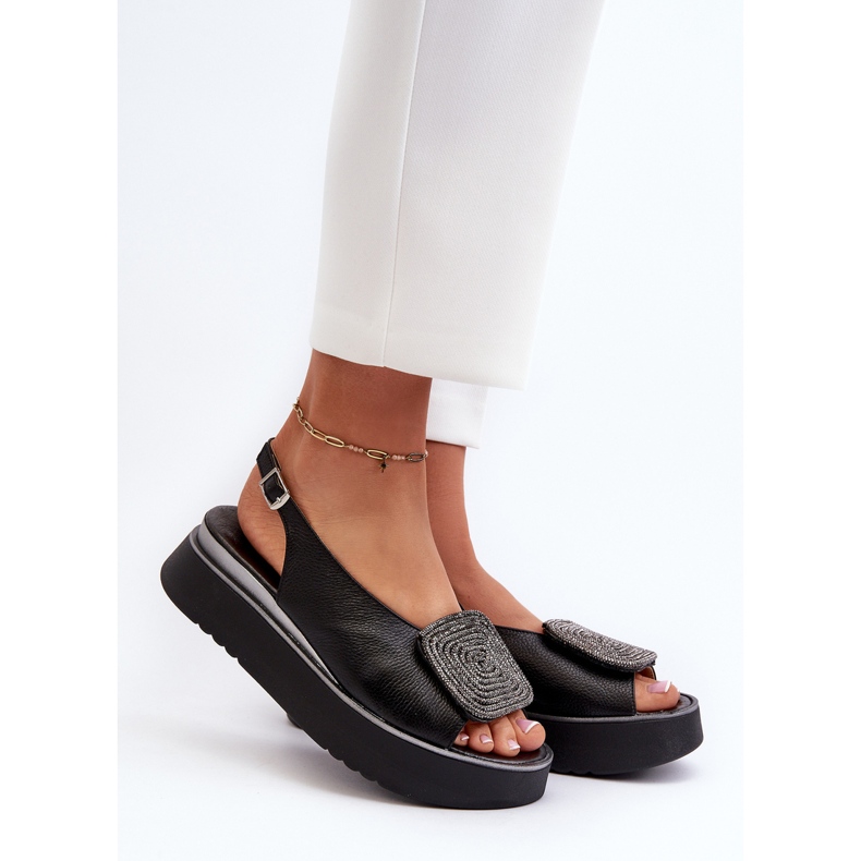 Zazoo 1786 Sandales en cuir pour femme sur la plateforme avec décoration, noir 2