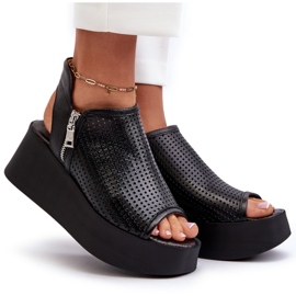 Sandales compensées ajourées en cuir Zazoo 1792, noir le noir 9