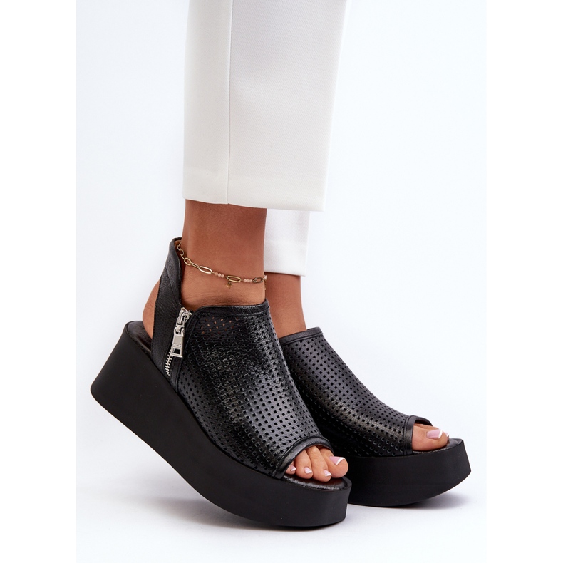 Sandales compensées ajourées en cuir Zazoo 1792, noir le noir 2