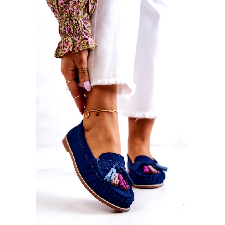 Evento Mocassins femme en daim à franges, bleu marine 2