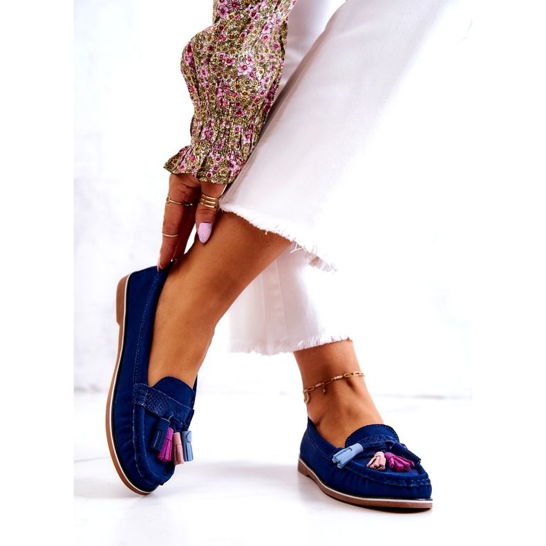 Evento Mocassins femme en daim à franges, bleu marine 3