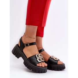 Sandales en cuir pour femmes avec décoration dorée, noir Vinceza 7910 2