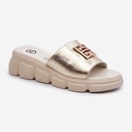 Tongs en cuir pour femmes avec décoration dorée sur les coins Vinceza 41444 Or 1