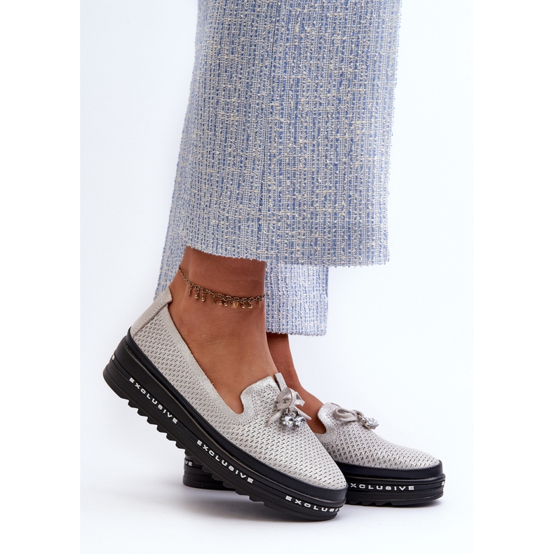 Mocassins En Cuir Brillant Pour Femme Sur La Plateforme S.Barski LR400 Argent 2