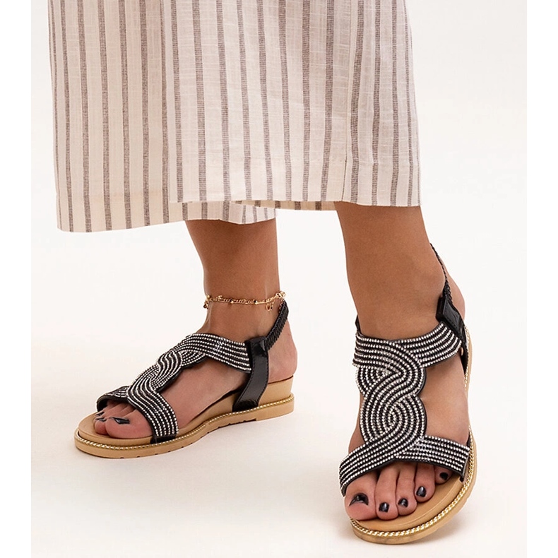 Sandales noires ornées de zircons Gairsa le noir 1