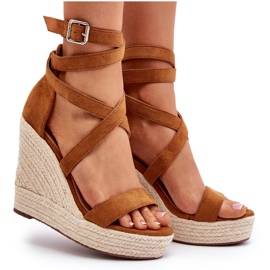 Sandales compensées espadrilles avec galon Camel brun 4