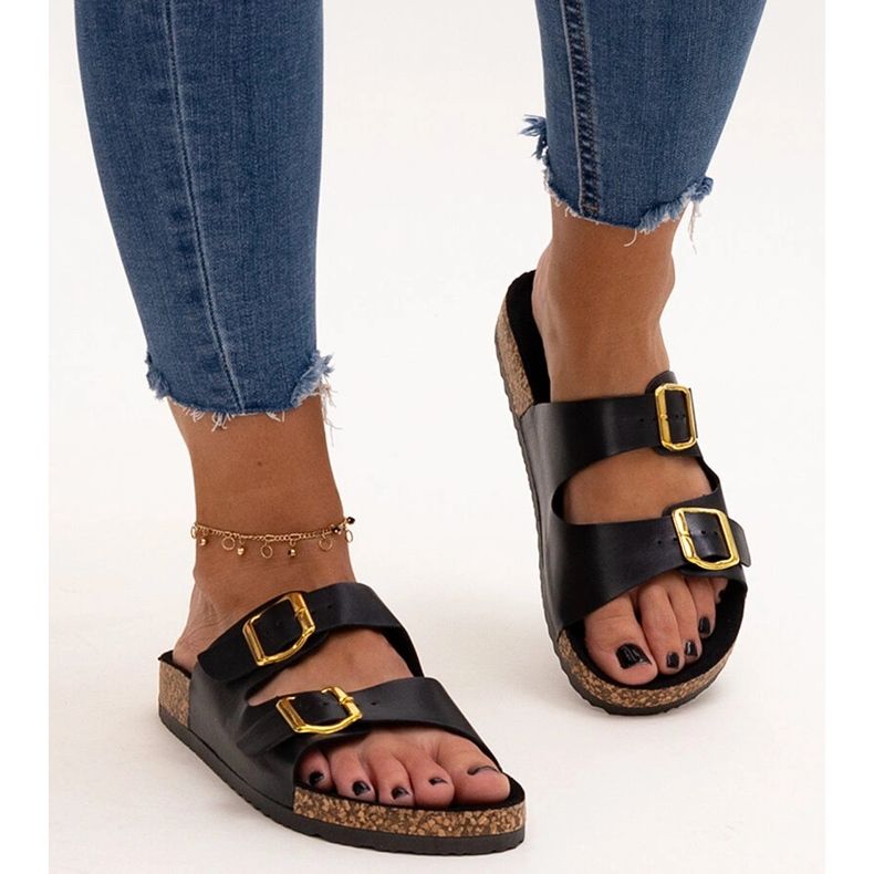 Tongs noires avec semelle en liège Oline 1