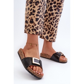 Tongs pour femmes sur plateforme en liège avec décoration, noir Elleriome 2