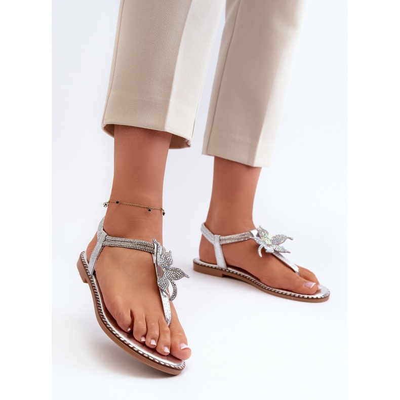 Sandales plates pour femmes avec fleur décorative, Argent Edoni 2