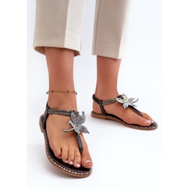 Sandales plates pour femmes avec fleur décorative, Noir Edoni 2