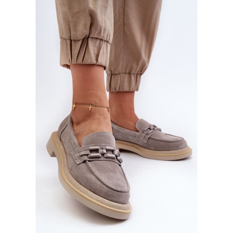 S.Barski Mocassins Femme En Daim Sur Talon Plat Avec Décoration D&amp;A TW101 Gris 2