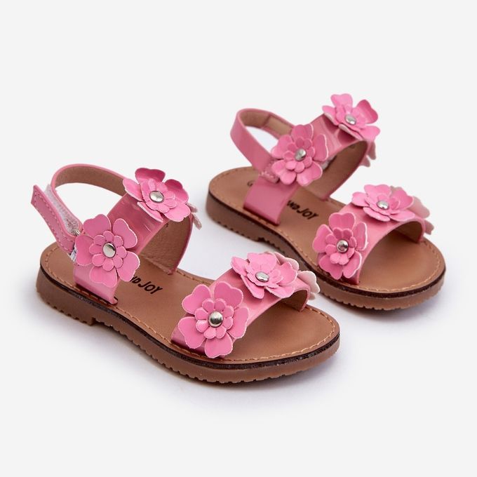 Sandales Enfant Laquées Décorées de Fleurs, Tinette Rose 1