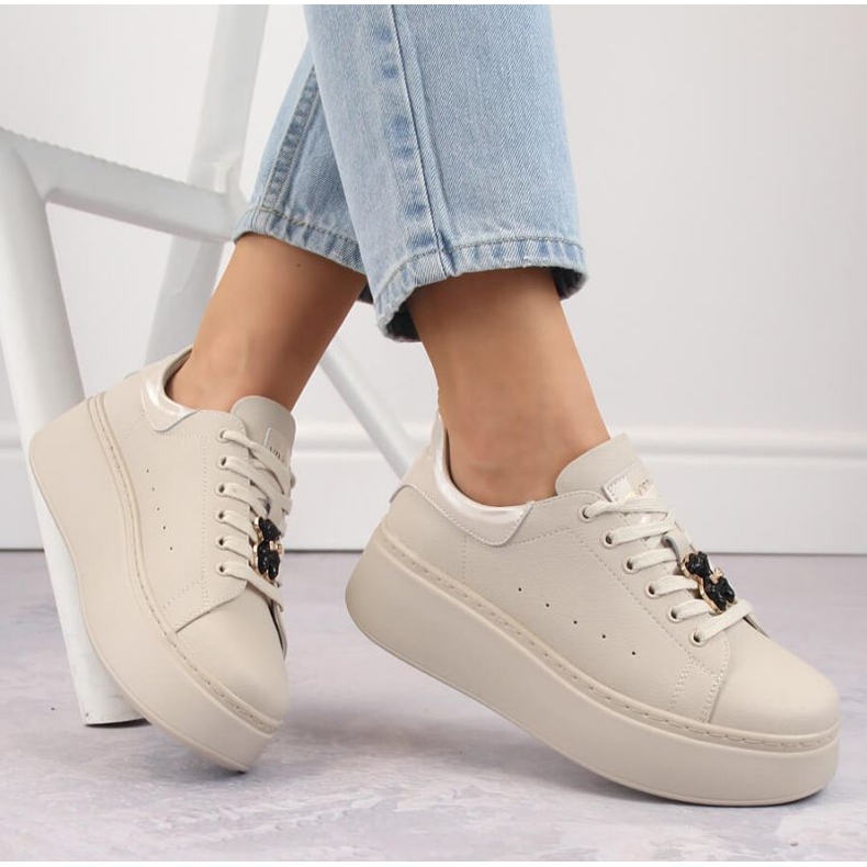 Chaussures plateforme en cuir avec ours en peluche Vinceza W JAN276A, beige 1