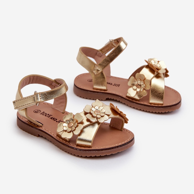 Sandales pour enfants décorées de fleurs, fermées par velcro, Fagossa dorée 1