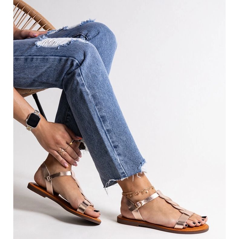 Sandales plates champagne amarante doré 1