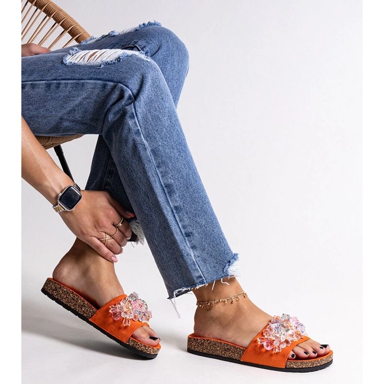 Tongs orange ornées de pierres Negistina 1