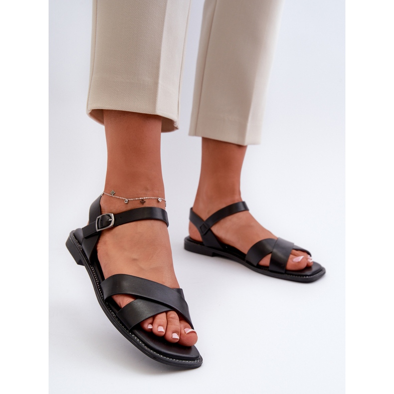 Sandales plates pour femmes en cuir écologique S.Barski KV27-003 Noir le noir 2