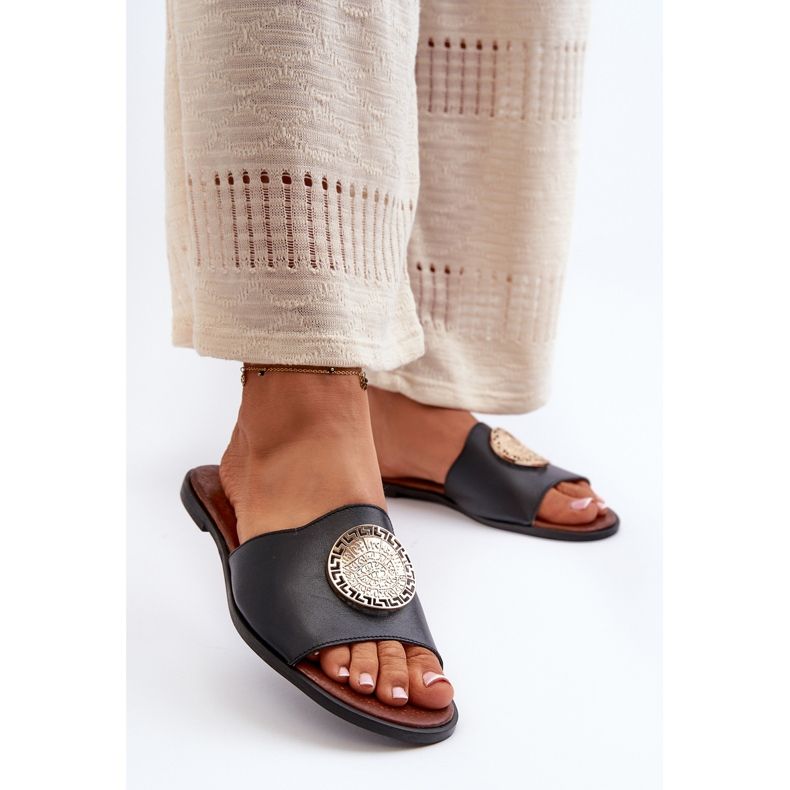 Zazoo 2938 Tongs plates en cuir avec décoration, noir le noir 2