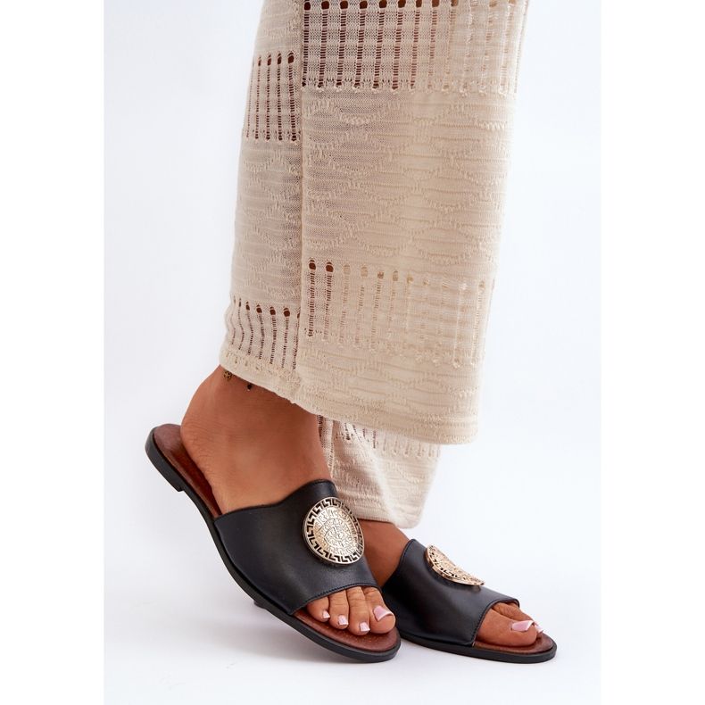 Zazoo 2938 Tongs plates en cuir avec décoration, noir 1