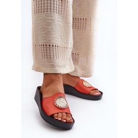 Zazoo 2920 Tongs compensées en cuir pour femme avec détails dorés, orange 2