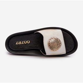 Zazoo 2920 Tongs compensées en cuir pour femme avec détail doré, or brossé blanche 1 Zazoo 2920 Tongs compensées en cuir pour femme avec détail doré, or brossé blanche 1