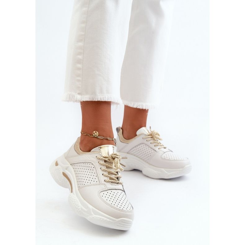 Baskets En Cuir Pour Femme à Semelle Épaisse Blanc et Doré Dzumati 2