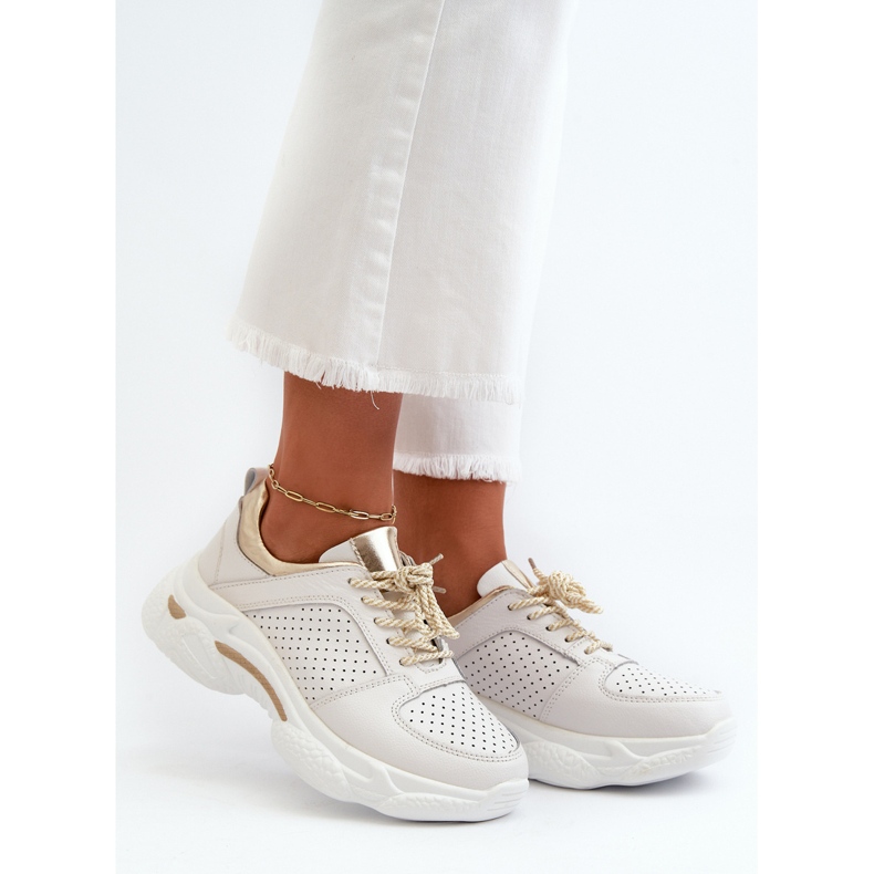 Baskets En Cuir Pour Femme à Semelle Épaisse Blanc et Doré Dzumati 1