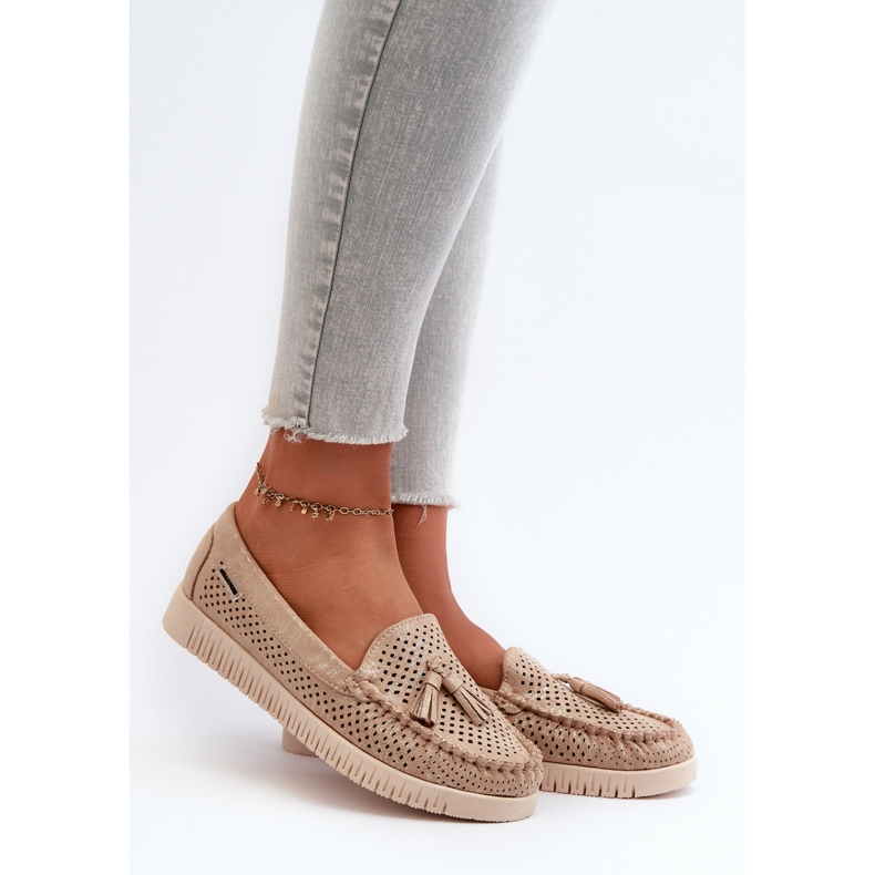 Mocassins ajourés pour femmes en suède écologique, Tinami doré 2